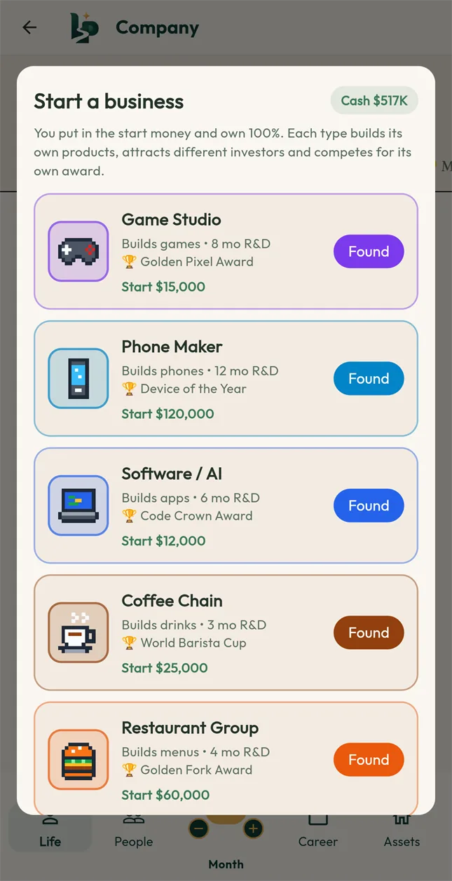 Start a business screen listing a game studio, phone maker, software company, coffee chain and restaurant group.