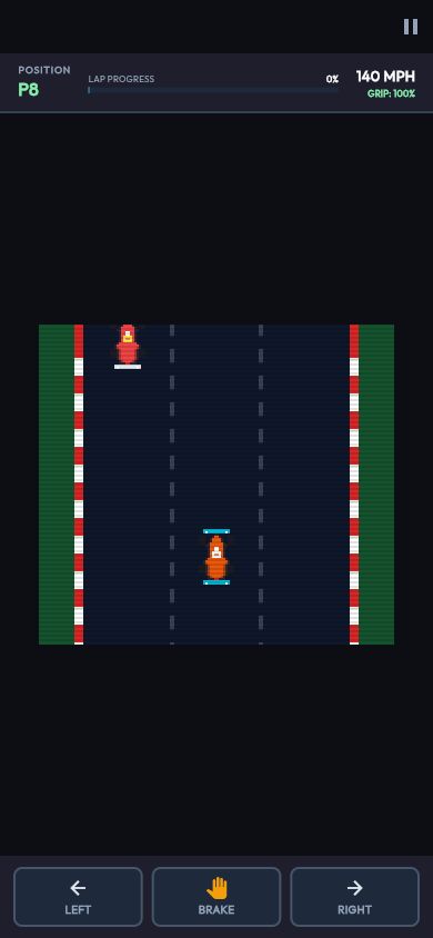 The portrait racing game with a position display, steering and brake controls.