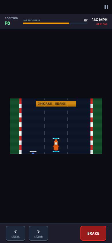 The portrait racing game with a position display, steering and brake controls.
