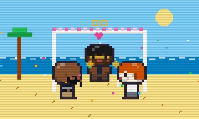 Pixel-art beach wedding with the couple and an officiant under an arch.