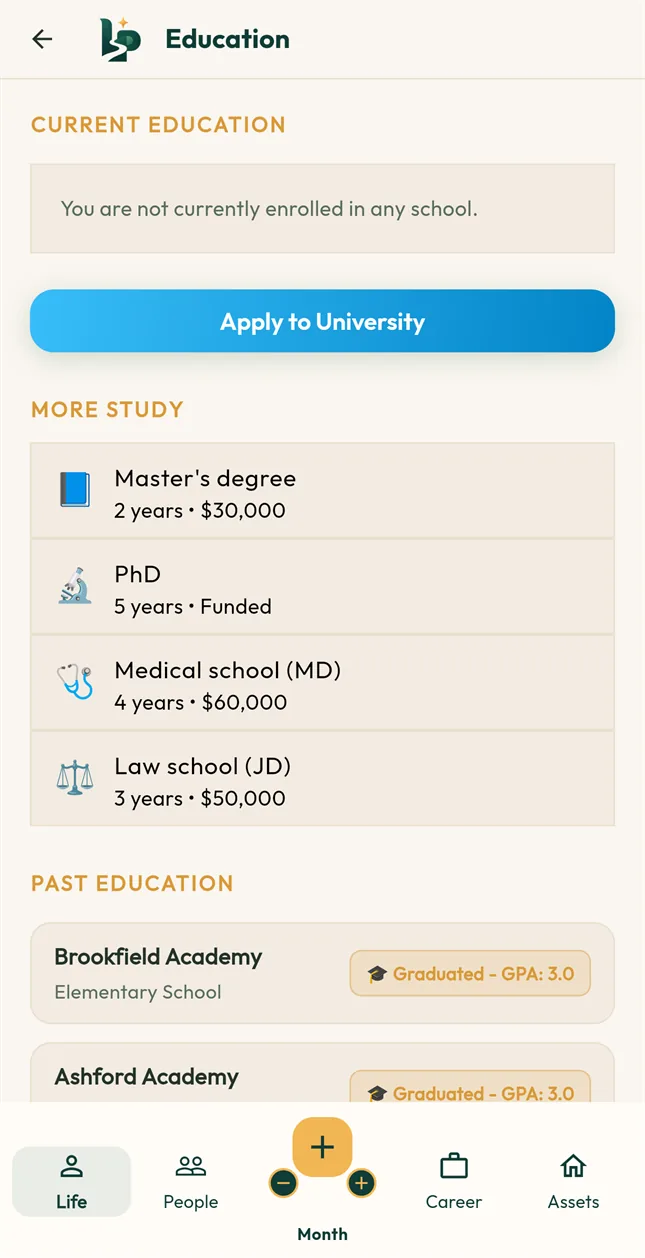 Education screen with options for university, a master's degree, a PhD, medical school and law school.